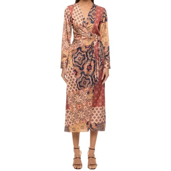 MISA Los Angeles Eliza Patchwork Wrap Dress in Multi Brown, Size M - Picture 2 of 12
